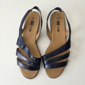 Vtg 90s Basic Editions Sandal Womens 11 Strappy Navy Blue Faux Leather Flats‎